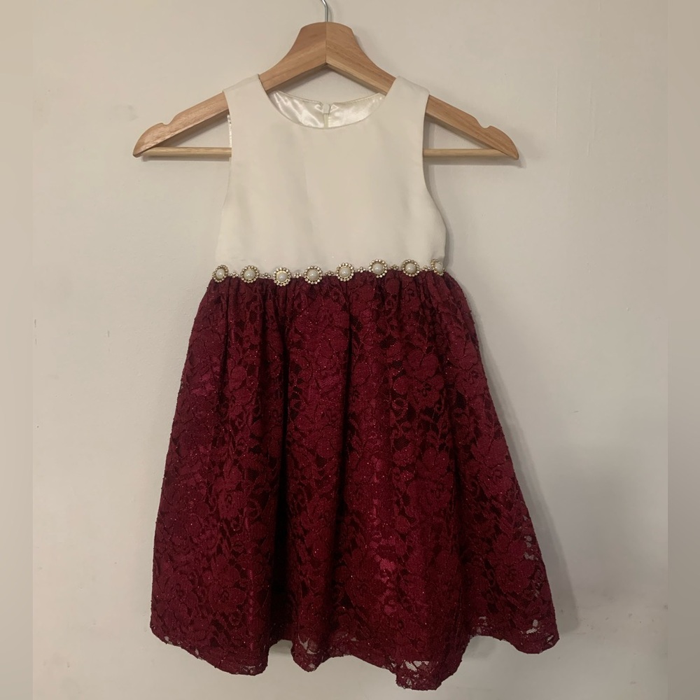 American Princess Ivory and Burgundy Lace Formal Dress Girls size 5